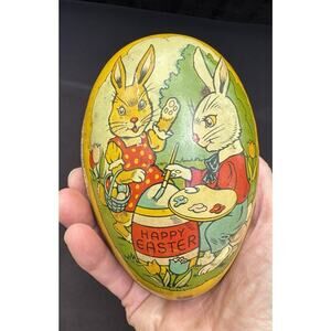 Vintage Metal Toy Egg Tin J Chein & Co Litho Candy Container Bunny Easter T22
